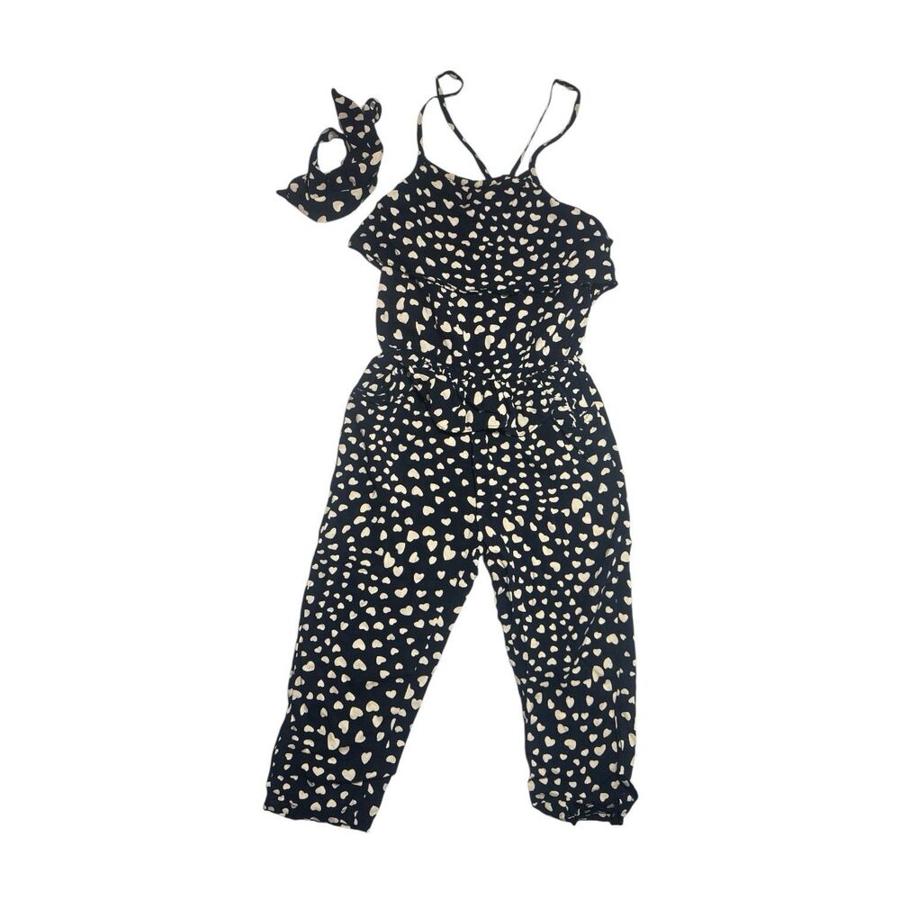 Girls Hopscotch 2T Black White Hearts Jumpsuit Romper With Headband Ruffles